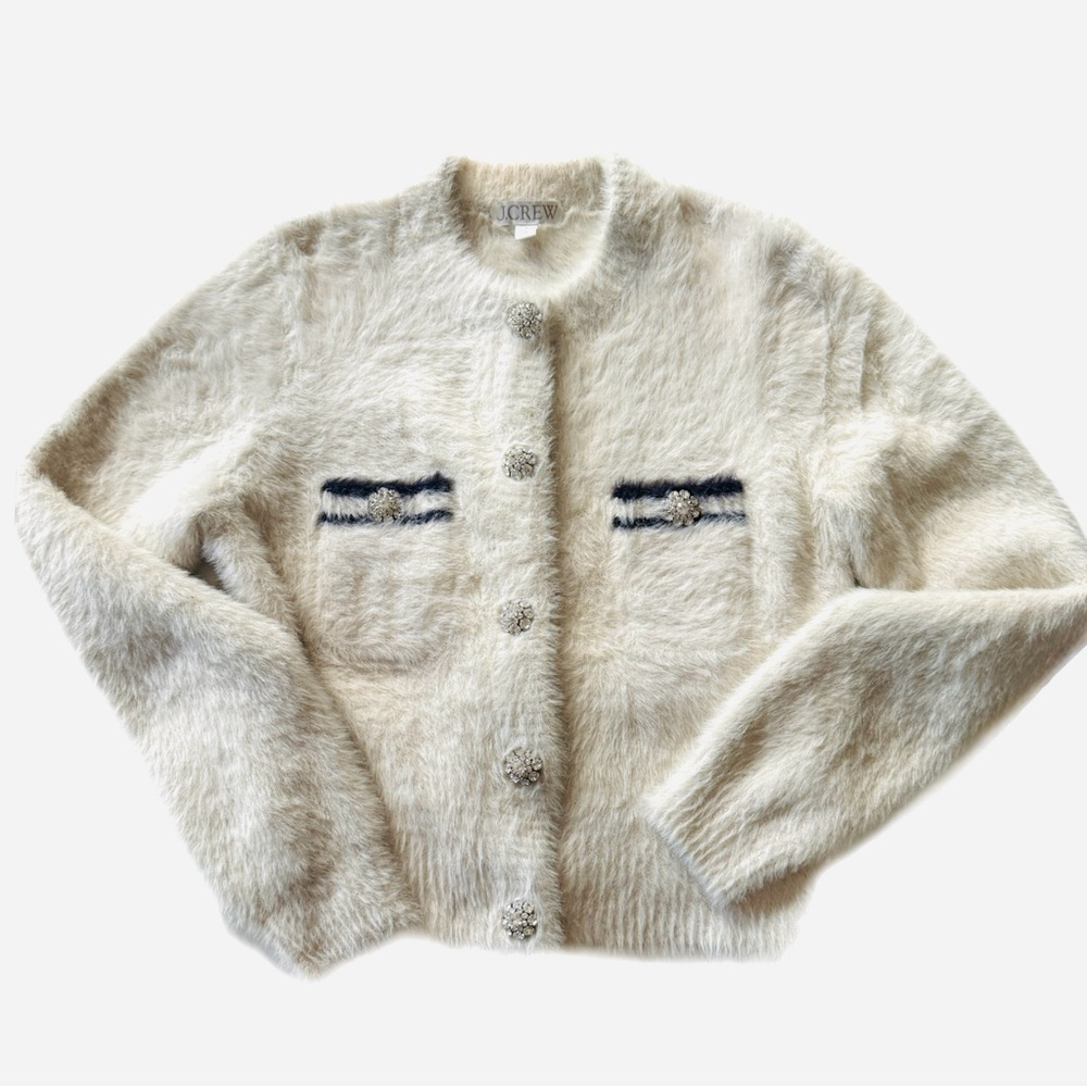 J Crew Sweater Lady Jacket/Cardigan in Light Bone & Navy Brushed Yarn - Picture 2 of 8